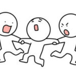 表情のないアイコン的なお人形が、手を引っ張り合っているイラスト
